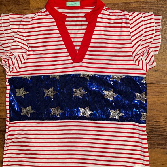 Sunshine & Rodeos • Red/White/Blue • Striped • Stars • Large • Sequins • Shirt - Picture 4 of 8